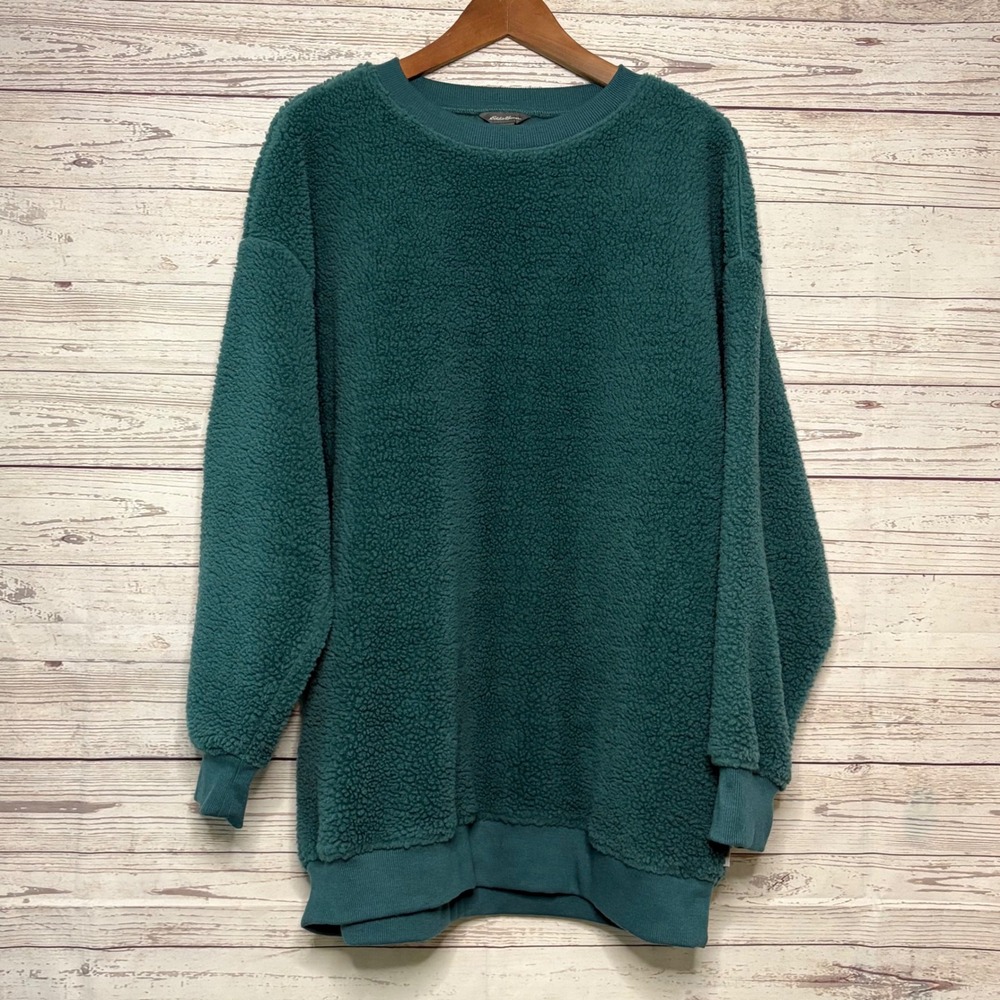 Eddie Bauer Womens Sherpa Fleece Sweatshirt Teal Oversized Crewneck Pullover L